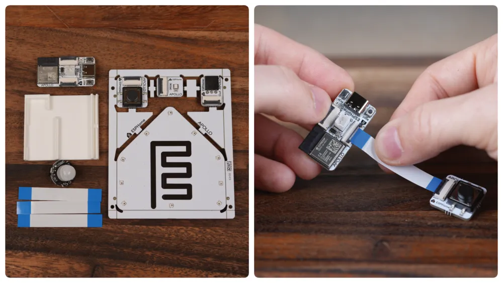 A two-part image: on the left, ESPHome Starter Kit components laid out on a wooden surface, including the main board, modules, ribbon cables, and stand; on the right, hands connecting a ribbon cable between the main board and the button module.